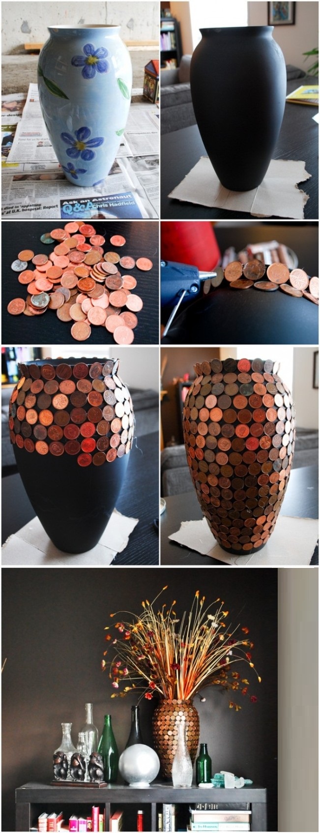 Интересный вариант создания вазы с помощью окрашивания матовой краской и оклеивания монетами