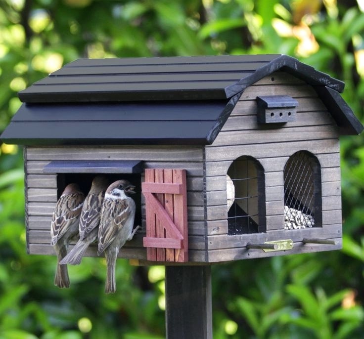 Красивая деревянная кормушка для птиц в вид домика