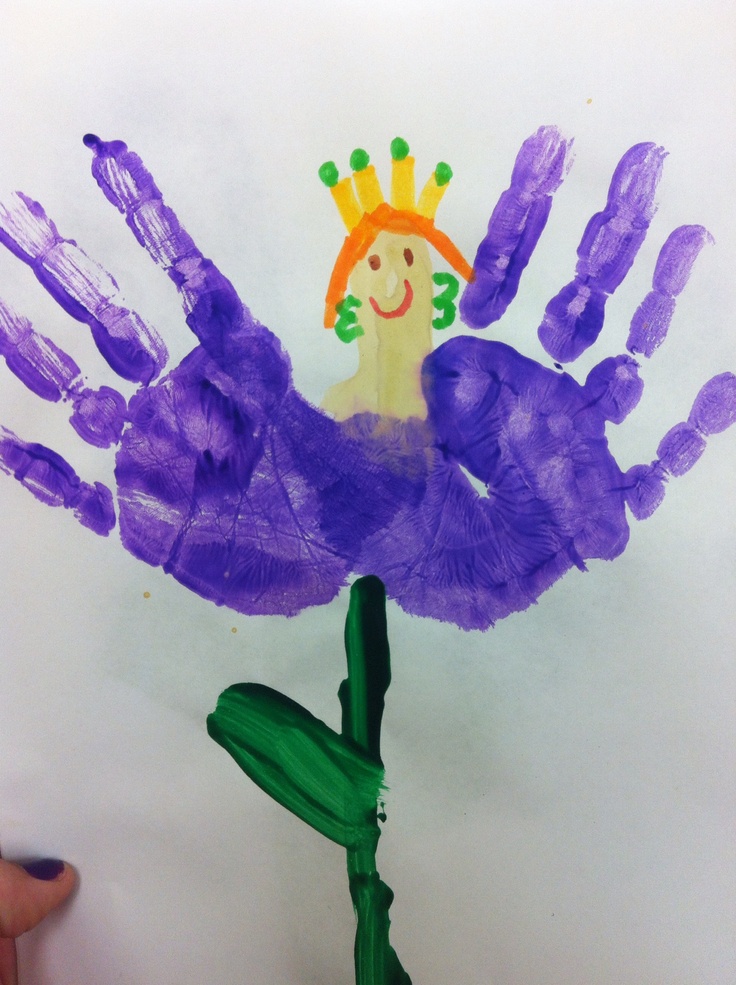 "Thumbprint Thumbelina" after reading Thumbelina we used out hands to create the flower that she sits upon. Paint fingers and palms purple, paint thumb a skin color. When dry, add detail with markers