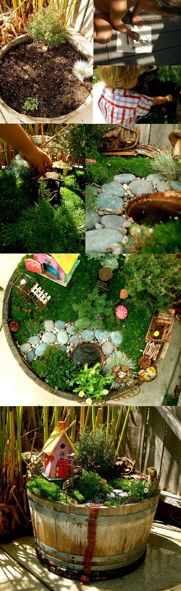 A few ideas of fairy gardens..they can be planted in pots, barrels, flower boxes or right in your garden.
